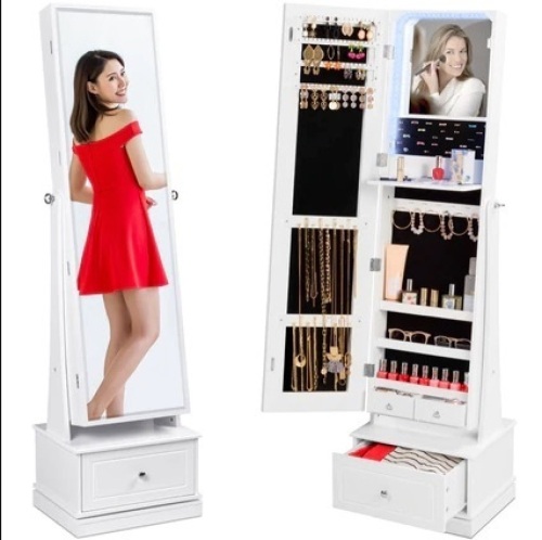 360 Swivel Mirrored Jewelry Cabinet Armoire w/ LED Lights, Mirror  - Lot 595