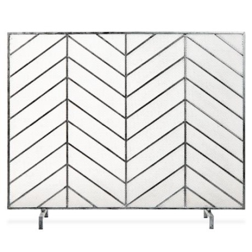 Single Panel Iron Chevron Fireplace Screen w/ Antique Finish - 38x31in  - Lot 660