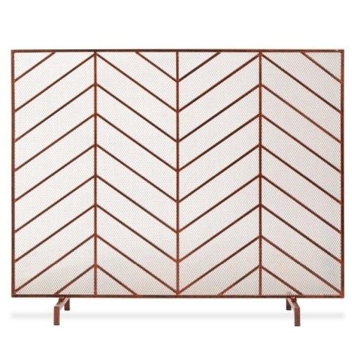 Single Panel Iron Chevron Fireplace Screen w/ Antique Finish - 38x31in  - Lot 699
