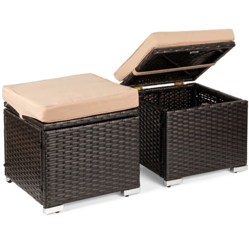 Set of 2 Wicker Ottomans, Multipurpose w/ Removable Cushions, Steel Frame  - Lot 704