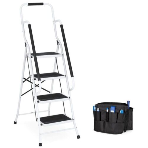 4-Step Portable Folding Ladder w/ Handrails, Attachable Tool Bag - Lot 888
