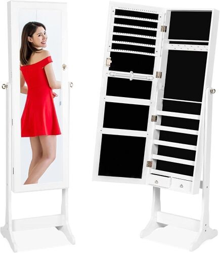 Standing Mirror Armoire, Lockable Jewelry Storage Organizer Cabinet w/ Velvet Interior - Lot 814