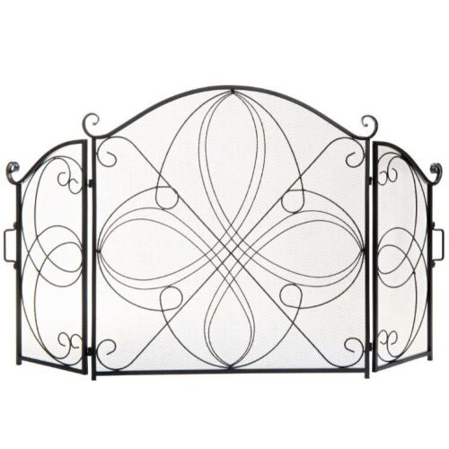 3-Panel Wrought Iron Metal Fireplace Screen Cover w/ Scroll Design - 55x33in - Lot 816