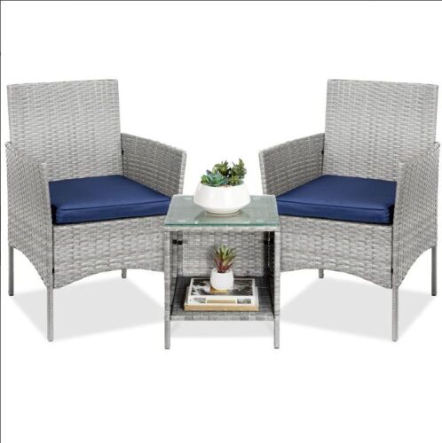 3-Piece Outdoor Patio Wicker Bistro Set w/ Side Storage Table - Lot 267