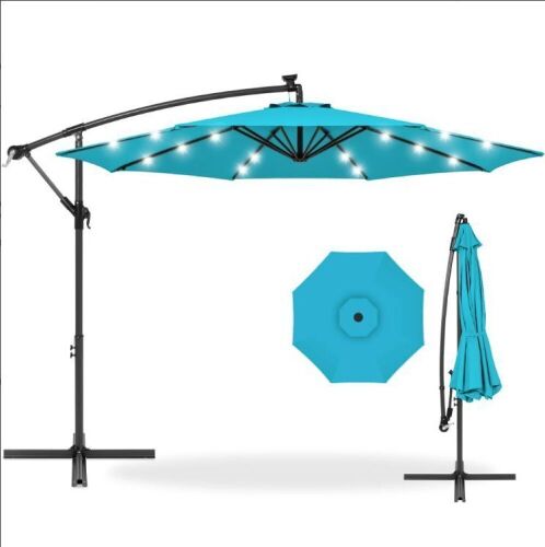 Solar LED Offset Hanging Patio Umbrella w/ Crank Tilt Adjustment - 10ft - Lot 790