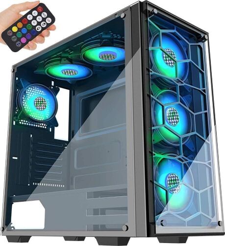 MUSETEX ATX Mid-Tower Case 907 Phantom Black, 6 ARGB Fans USB3.0 Honeycomb Airflow Music Remote Control 2 Tempered Glass Panels - Lot 374