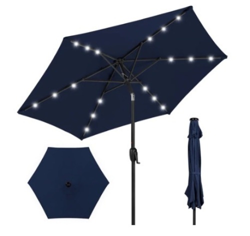 Outdoor Solar Patio Umbrella w/ Push Button Tilt & Crank Lift, 7.5ft, Navy - Lot 451
