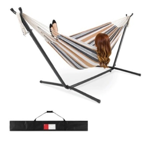2-Person Brazilian-Style Double Hammock w/ Carrying Bag and Steel Stand, Desert Stripes - Lot 454