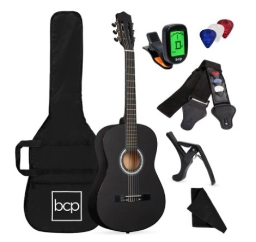 Beginner Acoustic Guitar Set w/ Case, Strap, Digital Tuner & Strings, 38in, Matte Black - Lot 466