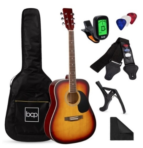 41" Full Size All Wood Acoustic Guitar Starter Kit w/ Gig Bag, E-Tuner, Pick & Strap, Sunburst - Lot 473