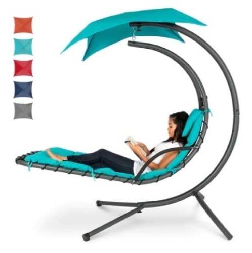 Hanging Curved Chaise Lounge Chair w/ Built-In Pillow & Removable Canopy, Blue - Lot 479