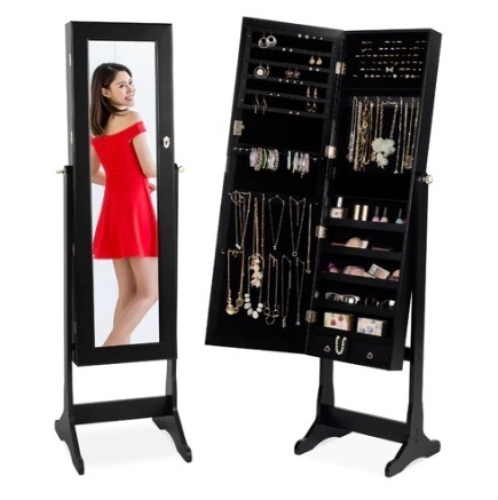 Full Length Standing Jewelry Mirror Armoire w/ Velvet Interior, Black - Lot 481