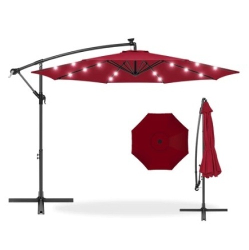 Solar LED Offset Hanging Patio Umbrella w/ Crank Tilt Adjustment,10ft, Burgundy - Lot 482