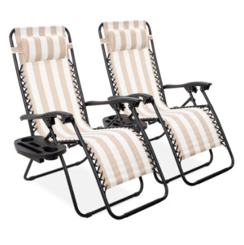 Set of 2 Adjustable Zero Gravity Patio Chair Recliners w/ Cup Holders, Tan Stripes - Lot 490