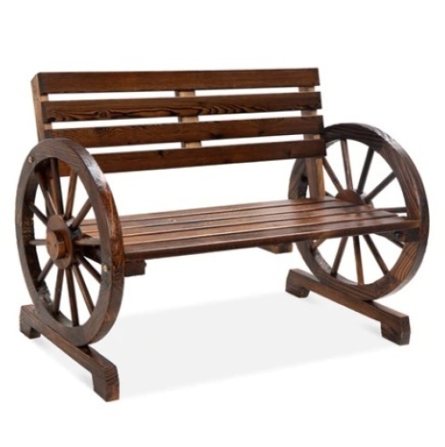 2-Person Rustic Wooden Wagon Wheel Bench w/ Slatted Seat & Backrest - Lot 491