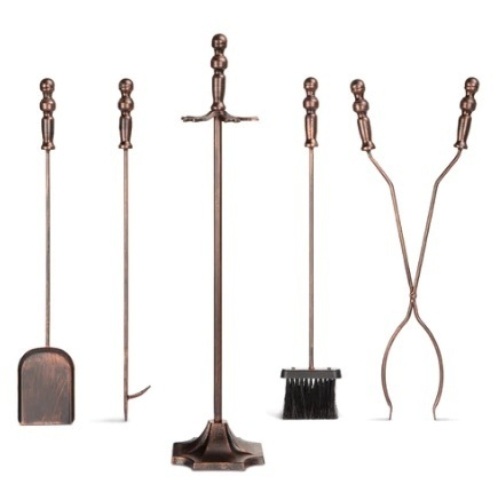 5-Piece Rustic Iron Indoor Outdoor Fireplace and Firepit Tool Set w/ Stand, Copper - Lot 493