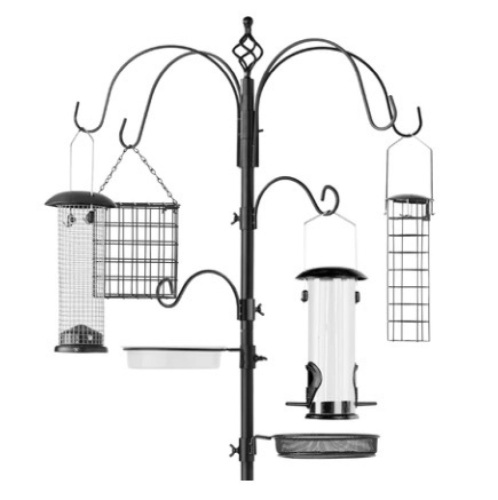 Bird Feeding Station, 6-Hook Steel Multi-Feeder Stand w/ 4 Feeders, 89in, Black - Lot 494