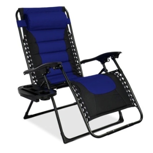 Oversized Padded Zero Gravity Chair, Folding Recliner w/ Headrest & Side Tray, Blue/Black - Lot 508