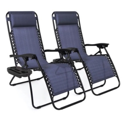 Set of 2 Adjustable Zero Gravity Patio Chair Recliners w/ Cup Holders, Blue - Lot 511
