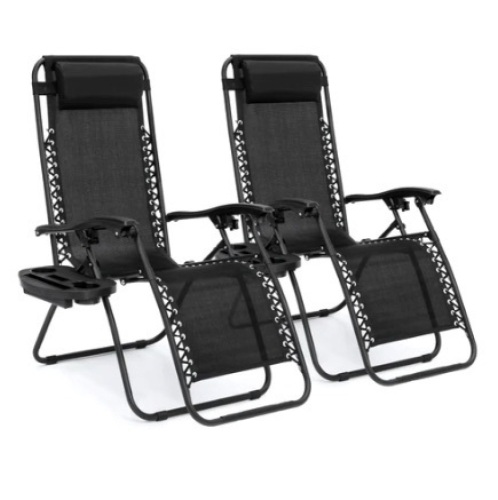 Set of 2 Adjustable Zero Gravity Patio Chair Recliners w/ Cup Holders, Black - Lot 512