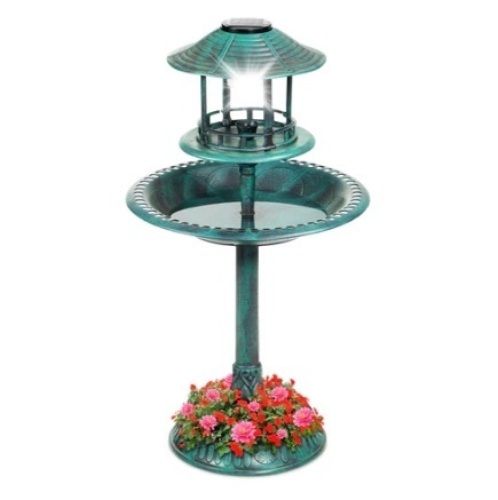 Solar Lighted Outdoor Pedestal Bird Bath w/ Planter, Decorative Bird Cage, Green - Lot 517