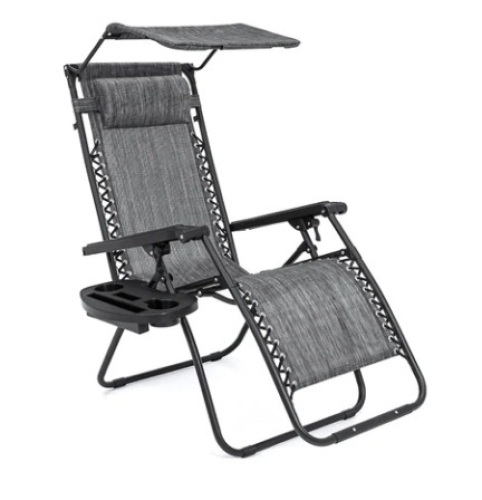 Folding Zero Gravity Recliner Patio Lounge Chair w/ Canopy & Side Tray, Gray - Lot 530