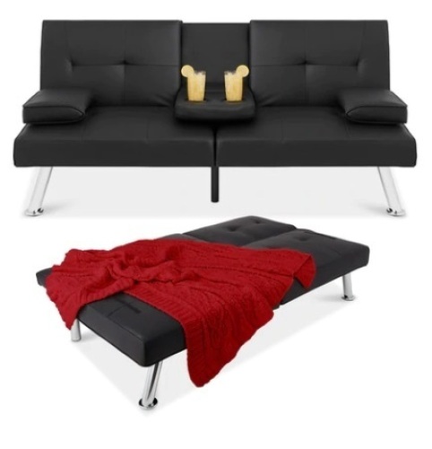 Faux Leather Upholstered Convertible Sofa Bed Futon w/ 2 Cupholders, Black - Lot 533