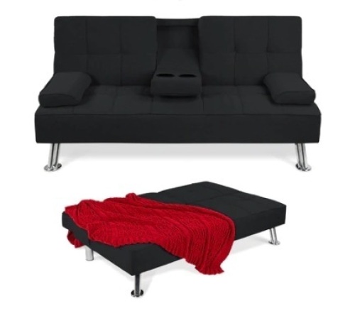 Linen Upholstered Convertible Sofa Bed Futon w/ 2 Cupholders, Black - Lot 534