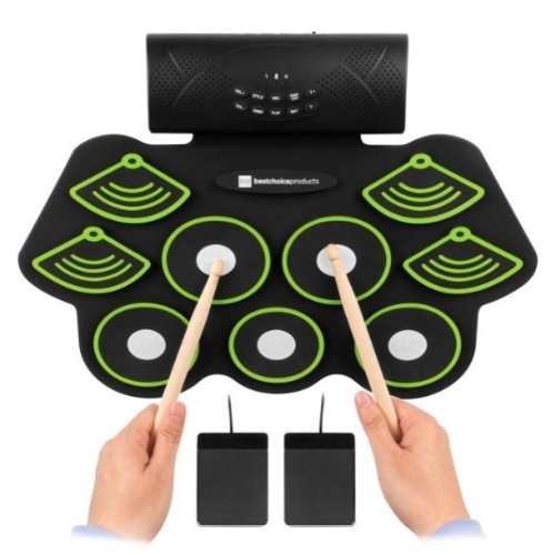 Electronic Drum Set, Bluetooth Roll Up Portable Pad Kit w/ Built-In Speakers, Pedals & Drumsticks - Lot 540