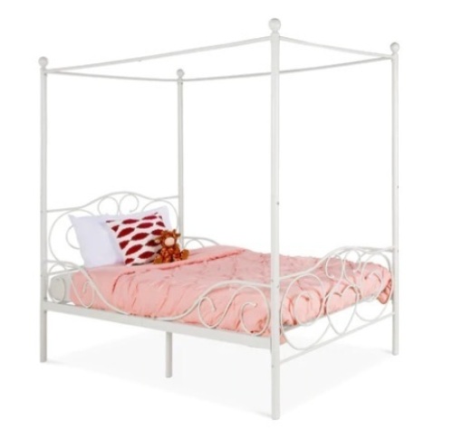 Classic 4-Post Metal Canopy Twin Bed Frame w/ Heart Scroll Design, White - Lot 544