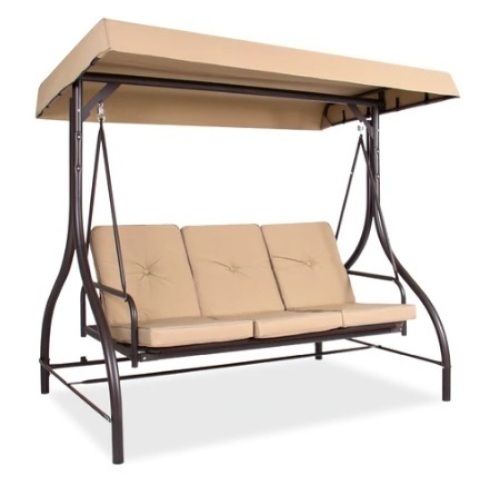 3-Seat Outdoor Canopy Swing Glider Furniture w/ Converting Flatbed Backrest, Tan - Lot 546
