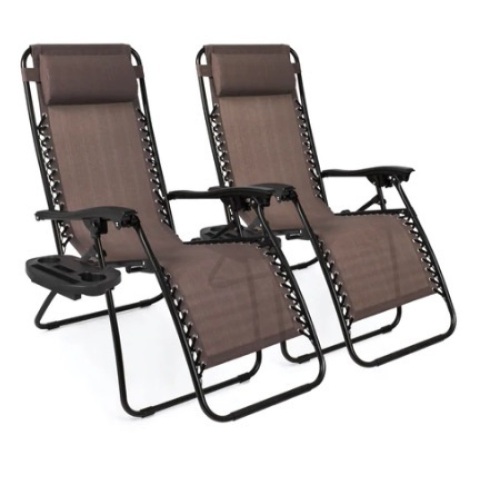 Set of 2 Adjustable Zero Gravity Patio Chair Recliners w/ Cup Holders, Brown - Lot 549