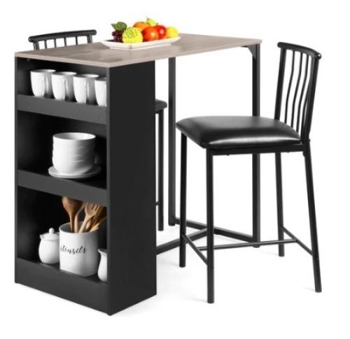 3-Piece Counter Height Kitchen Dining Table Set w/ Storage Shelves, Gray/Black - Lot 559