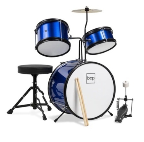 Kids Beginner 3-Piece Drum, Musical Instrument Set w/ Sticks, Stool & Pedal, Blue - Lot 586