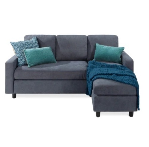 Linen Sectional Sofa Couch w/ Chaise Lounge, Reversible Ottoman Bench, Blue/Gray - Lot 588
