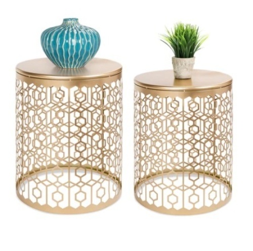 Set of 2 Decorative Round Side Accent Table Nightstands w/ Nesting Design, Gold - Lot 589