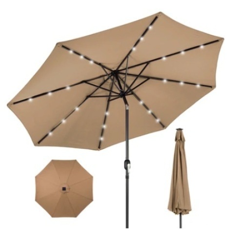 Solar LED Lighted Patio Umbrella w/ Tilt Adjustment, UV-Resistance,10ft, Tan - Lot 599