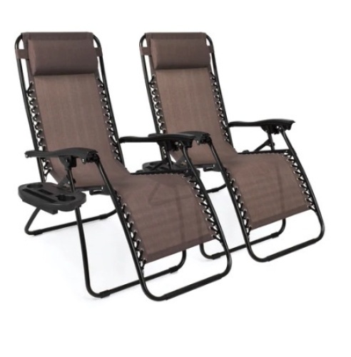 Set of 2 Adjustable Zero Gravity Patio Chair Recliners w/ Cup Holders, Brown - Lot 596