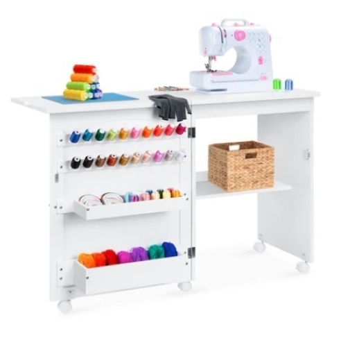 Folding Sewing Table Multipurpose Craft Station & Side Table w/ Wheels, White - Lot 601