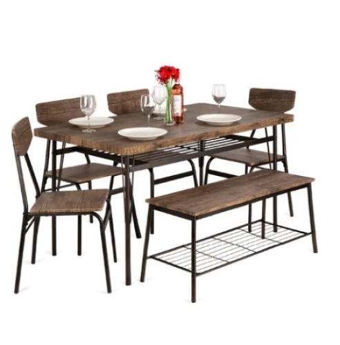 6-Piece Modern Dining Set w/ Storage Racks, Table, Bench, 4 Chairs, 55in - Lot 605