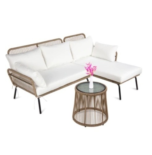 Rope Woven Sectional, L-Shape Sofa Set w/ Detachable Lounger & Table, White, Boxes A & B - Lot 615