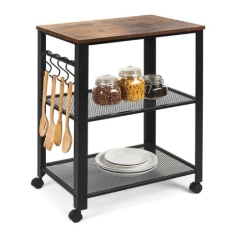 3-Tier Microwave Cart Rolling Utility Serving Cart w/ 2 Shelves & 4 Hooks - Lot 618