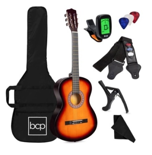 Beginner Acoustic Guitar Set w/ Case, Strap, Digital Tuner & Strings, 38in, Sunburst - Lot 619