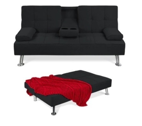 Linen Upholstered Convertible Sofa Bed Futon w/ 2 Cupholders, Black - Lot 628
