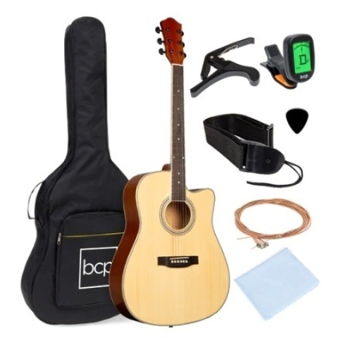 Full Size Beginner Acoustic Guitar Set with Case, Strap & Capo, 41in, Natural - Lot 631