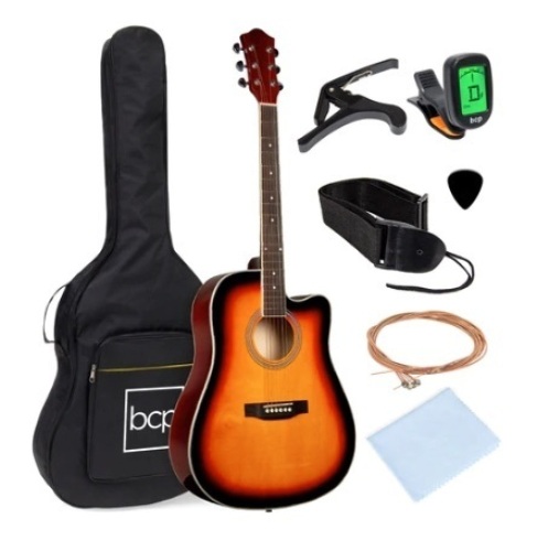 Full Size Beginner Acoustic Guitar Set with Case, Strap & Capo, 41in, Sunburst - Lot 632