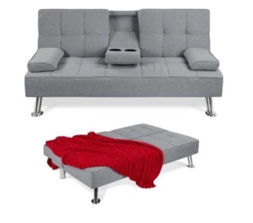 Linen Upholstered Convertible Sofa Bed Futon w/ 2 Cupholders, Gray - Lot 634