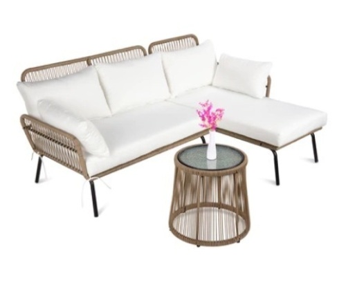 Rope Woven Sectional, L-Shape Sofa Set w/ Detachable Lounger & Table, White - Lot 640
