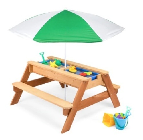 3-in-1 Kids Sand & Water Table Outdoor Wood Picnic Table w/ Umbrella, Green - Lot 660