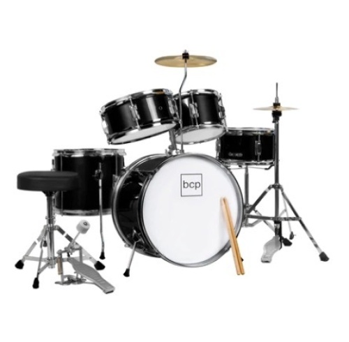 Kids Beginner All Wood Acoustic Drum Kit Starter Set w/ Stool, Drumsticks, Black - Lot 668